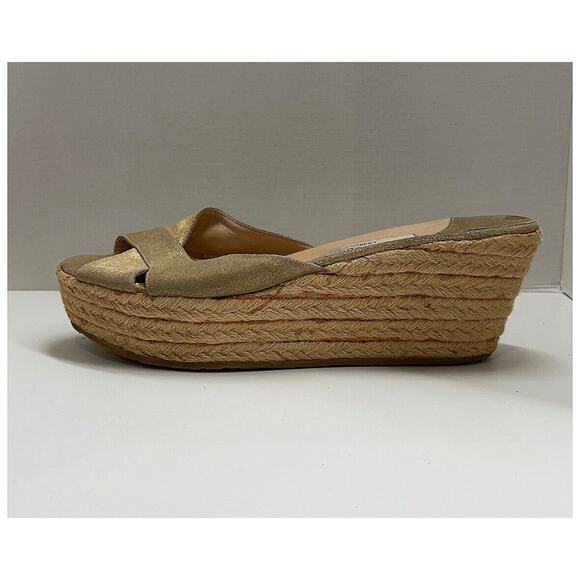 Jimmy Choo Gold Metallic Strappy Slip-On Platform Sandal Woven Wedges Sz 42 - Picture 8 of 10